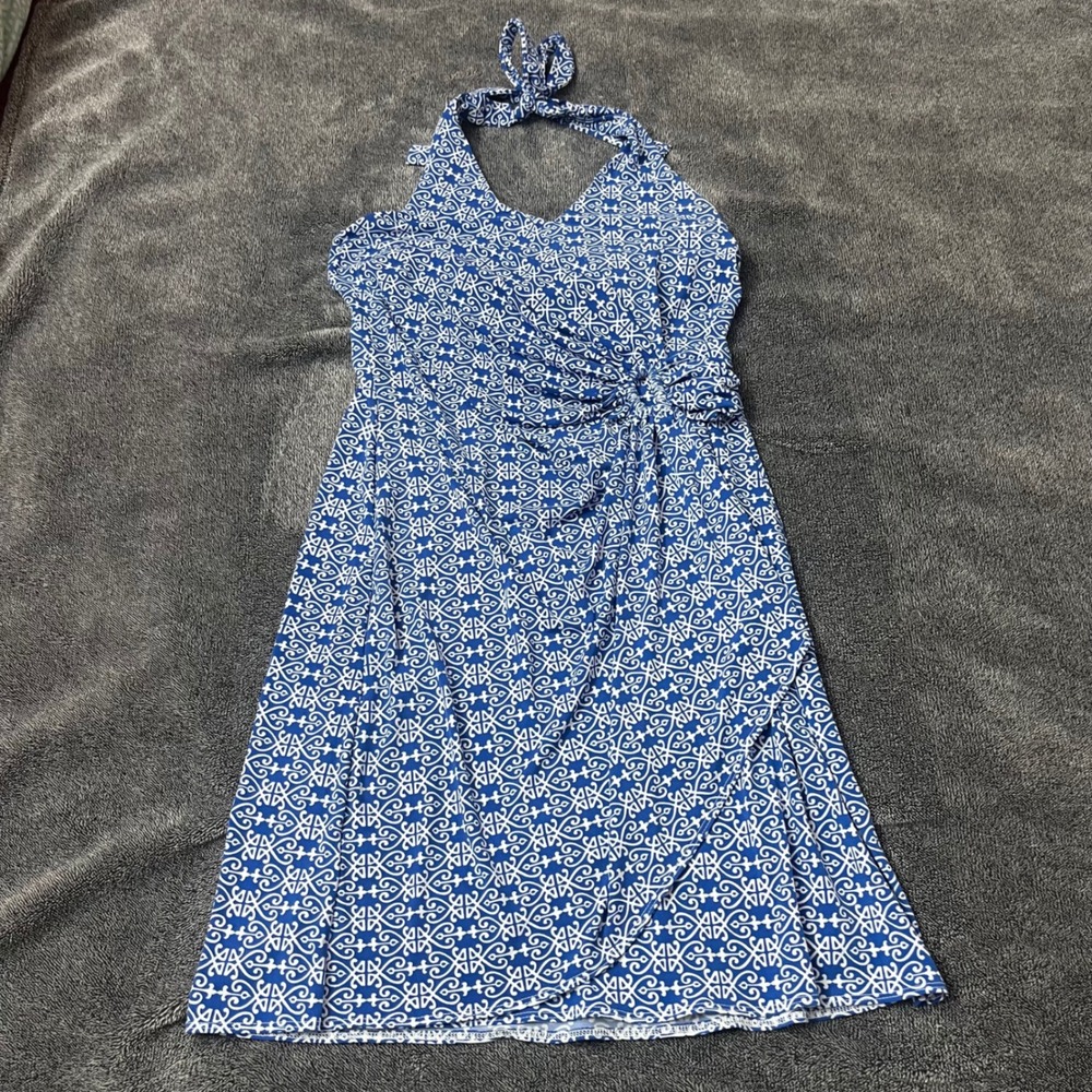 Tommy Bahama Blue White Tile Print Halter Faux Wrap Dress Small Coastal Nautical